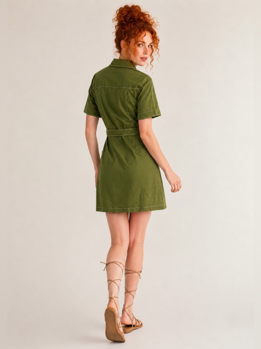 ModCloth Olive Green Utility Shirt Dress Button Front Tie Waist Pockets Retro 8 - Picture 3 of 16